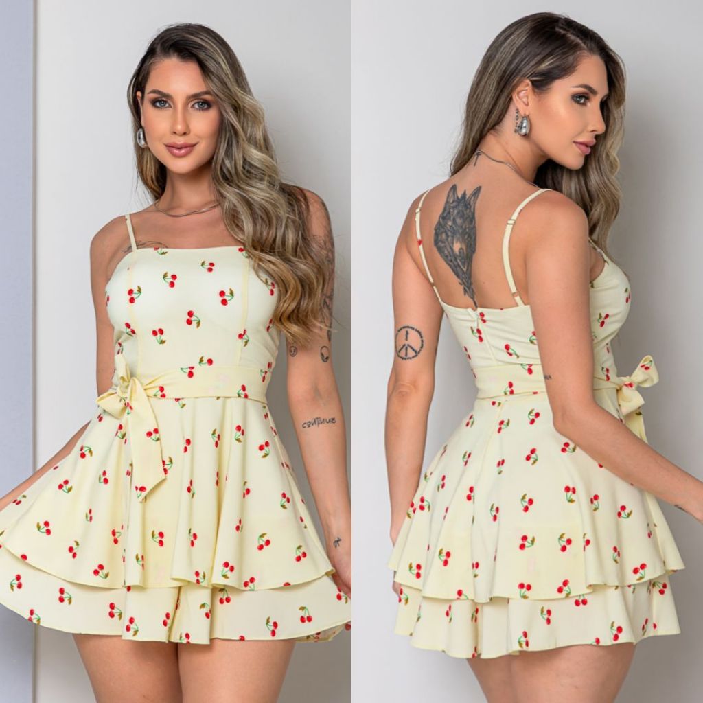 Macaquinho vestido bailarina soltinho zíper atrás alça ajustável laço removível Moda Elegante