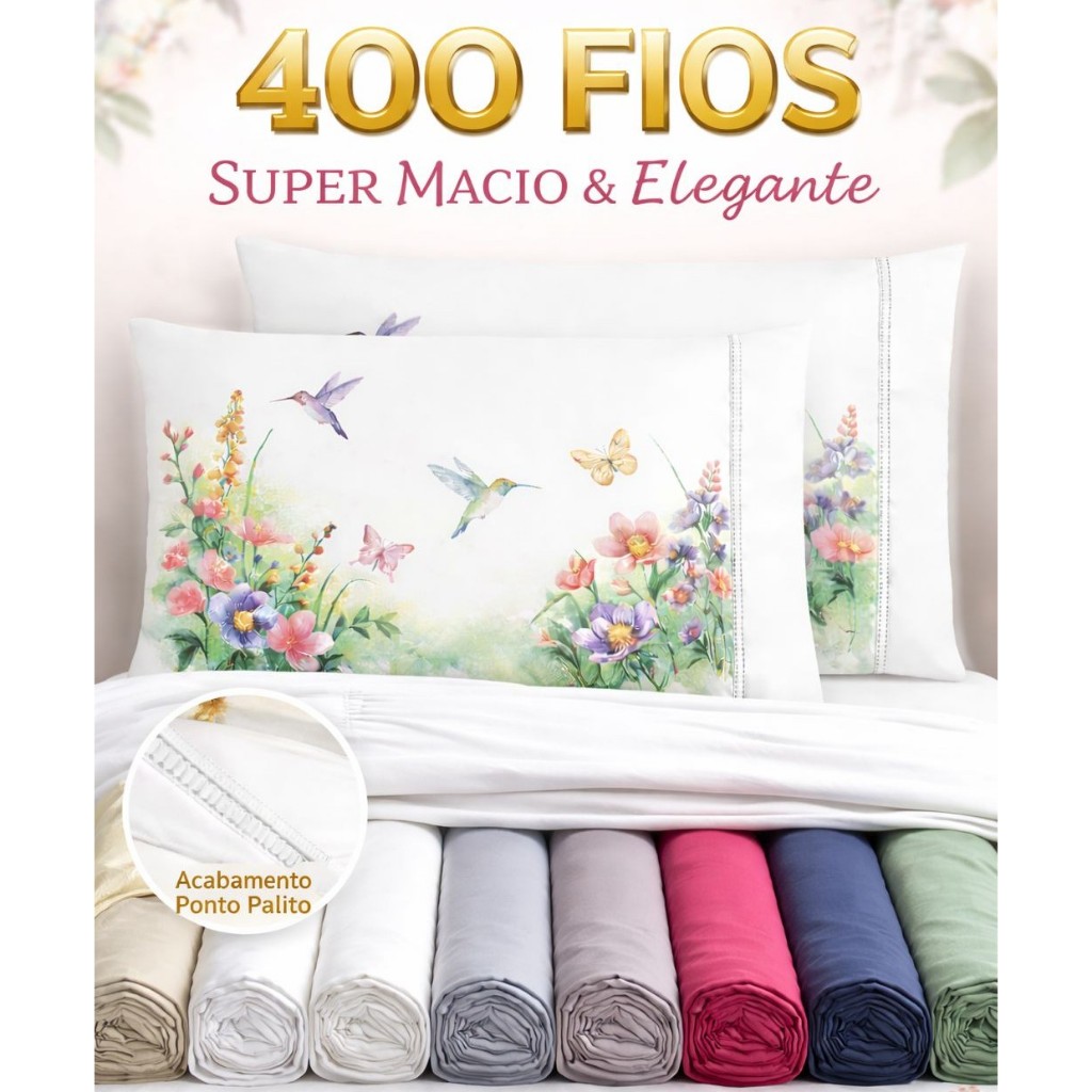 Kit Jogo de Lençol Fronha Estampada Ponto Palito Micropercal 400 Fios