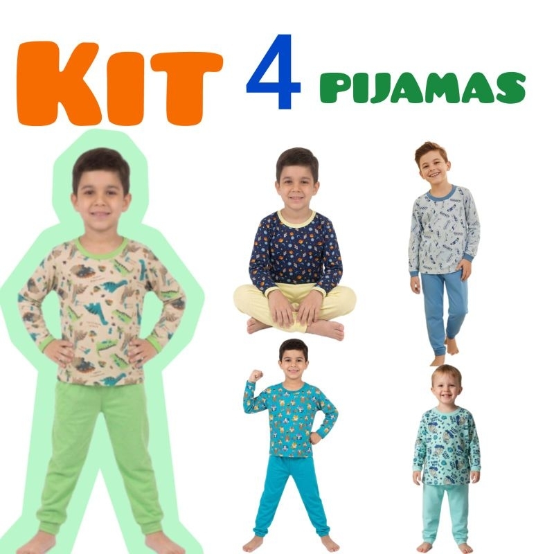 kit 4 pijamas PREMIUM Masculino de MENINO Conjuntos, Pijamas INFANTIL de frio na malha fria Pijama manga longa e calça