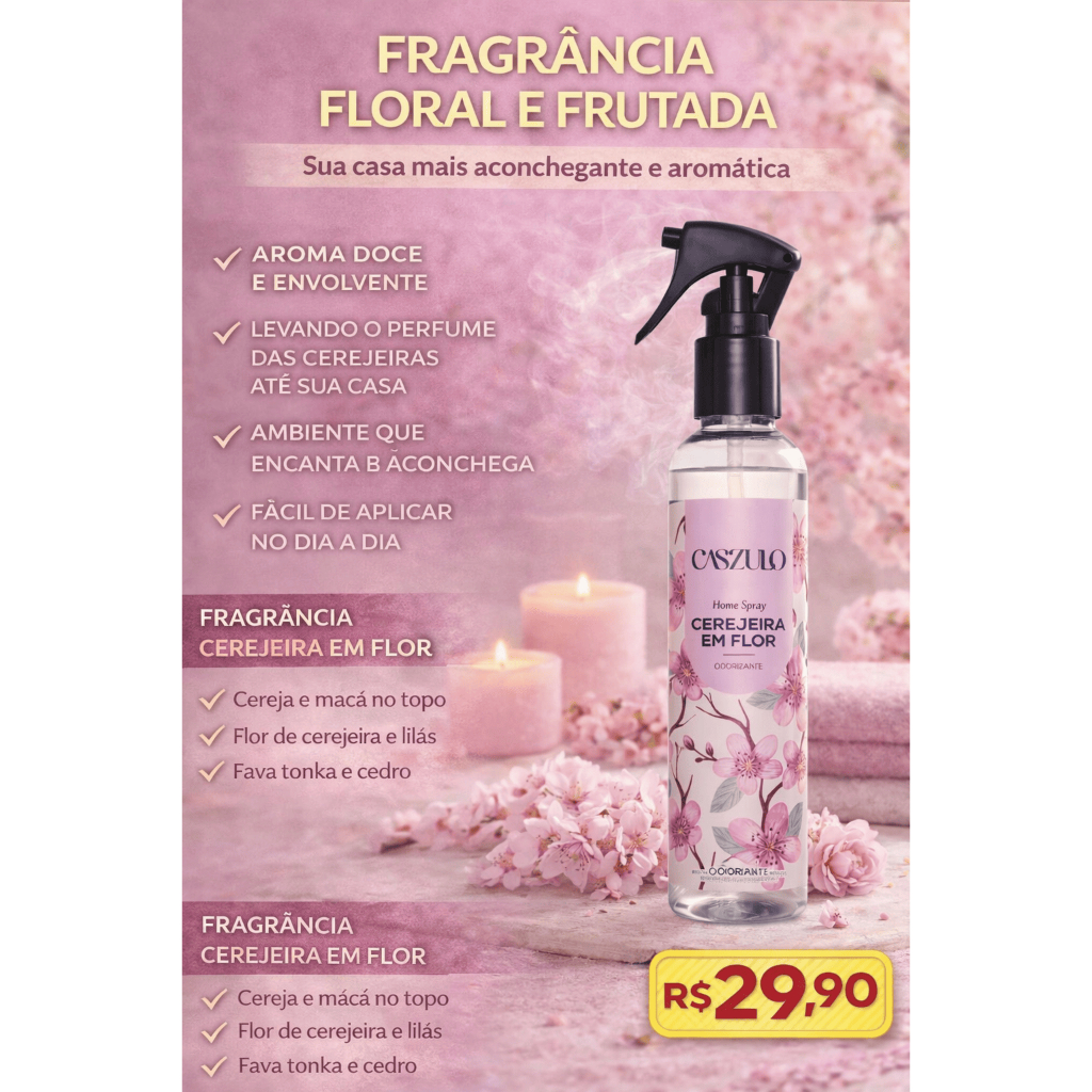 Imagem Home Spray Cerejeira em Flor 200ml Caszulo | Aroma Floral Doce Relaxante Aromatizador de Ambiente