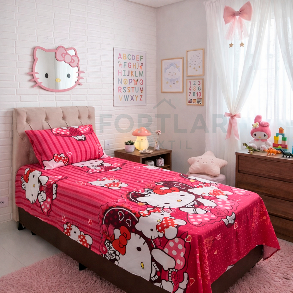 Kit de Lençol Infantil Solteiro Hello Kitty Princesas Barbie Com Porta Travesseiros