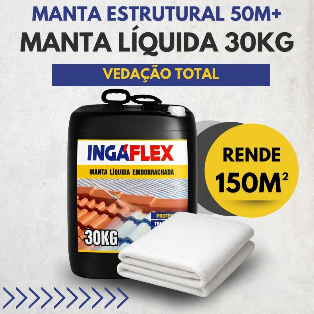 Manta Líquida Emborrachada 30kg + Manta Estrutural 50m VP50 Vedação Reforçada Laje Telhado Telha