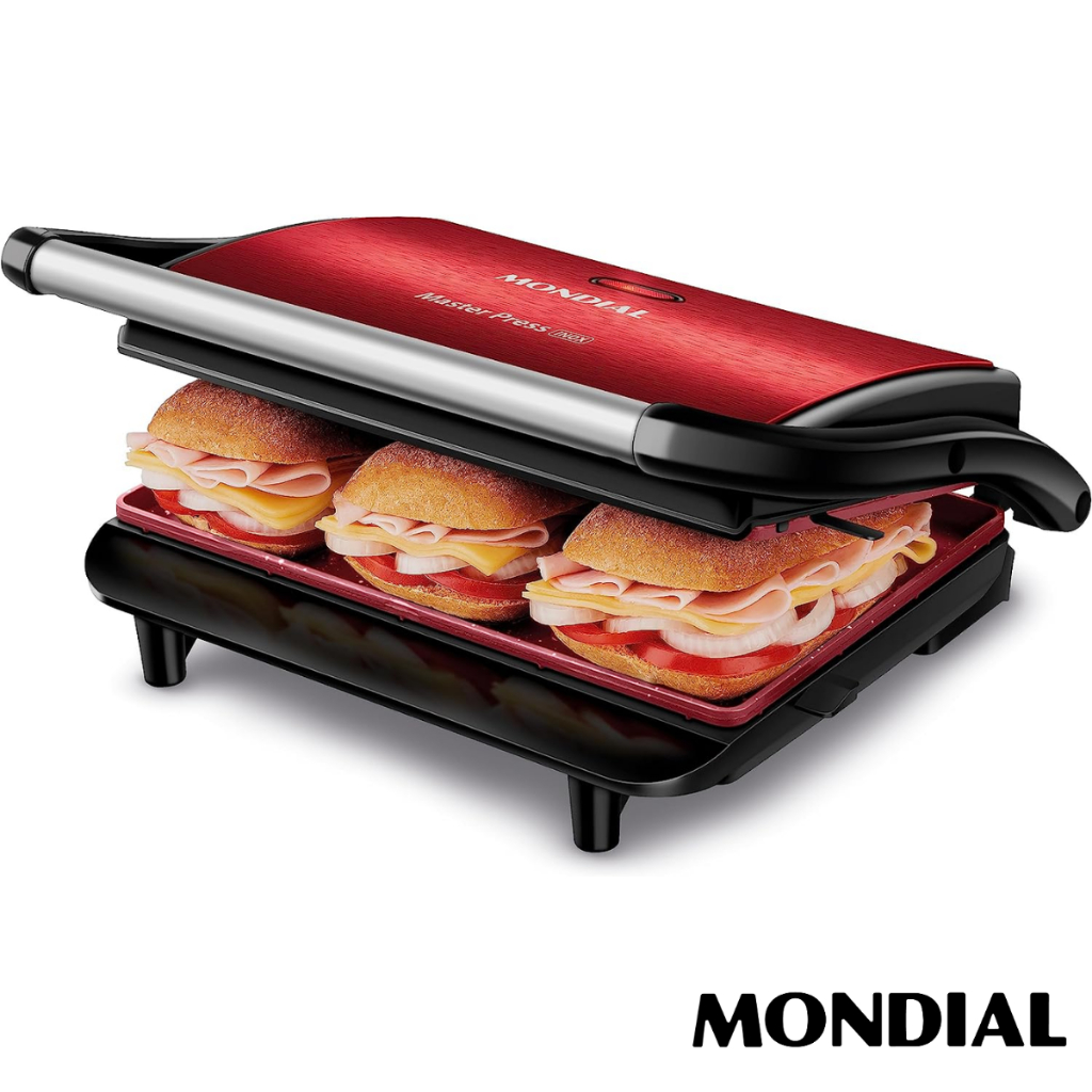 Sanduicheira Grill Mondial 1000W Cerâmica Antiaderente 180° 220V Vermelha Inox Master Press