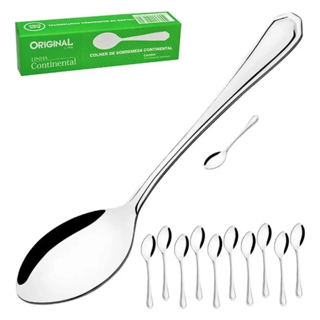 Colher de Sobremesa Inox 12 Peças Continental 16,5cm Aço Inox Lava-Louças Jogo Talher