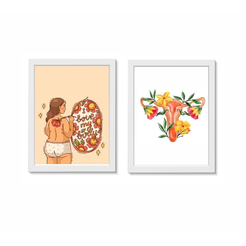 Kit 2 Quadros Decorativos Ginecologia Saúde Feminina Medicina Molduras 20x30cm Madeira Vidro Brancas