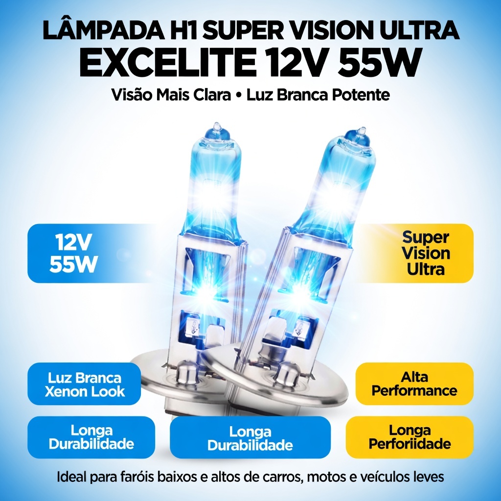Lâmpada H1 Super Vision Ultra Excelite 12V 55W  Mais Iluminação Luz Branca Alta Performance Automotiva