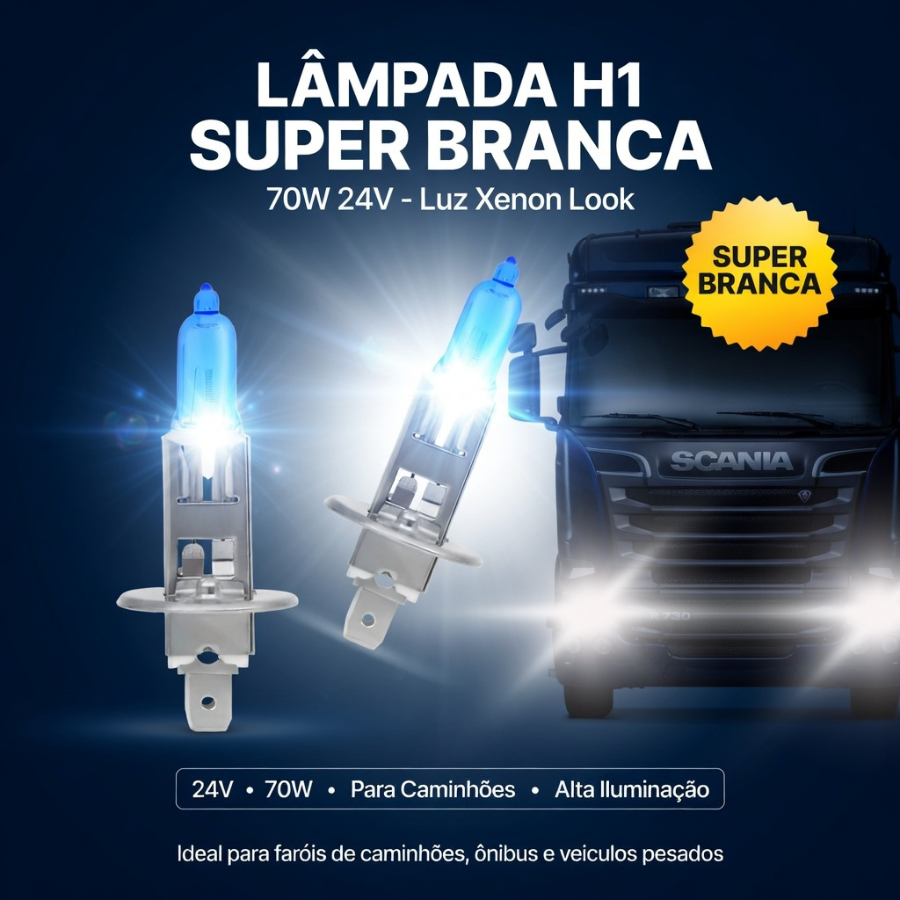 Lâmpada H1 Super Branca 70W 24V Luz Branca Alta Potência Caminhão Alta Visibilidade Automotiva