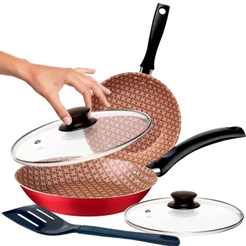 Jogo de Frigideiras com Tampa e Espátula Tramontina Turim Antiaderente 20 cm e 16 cm Vermelho 2 Pçs