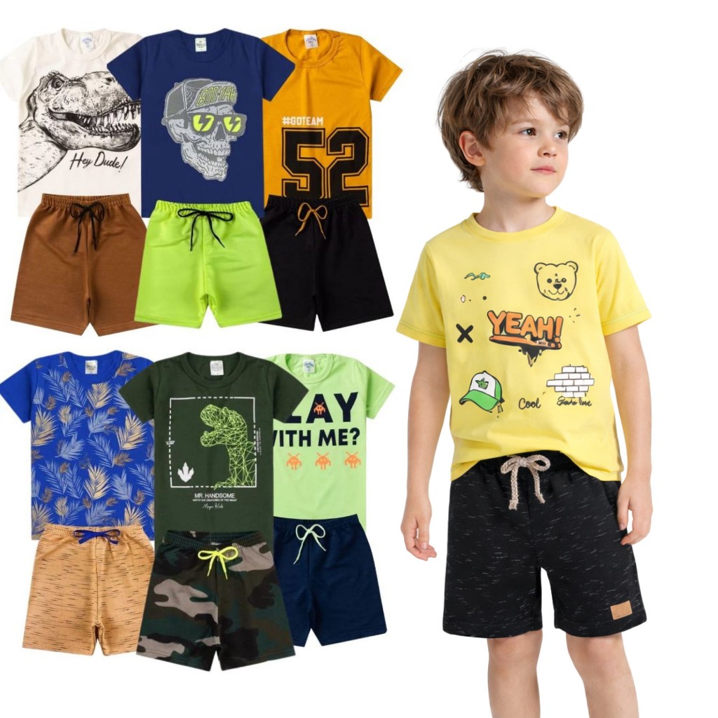 Kit Verão Infantil Masculino 5 Conjuntos 10 Peças Roupa Menino Camiseta Bermuda 1 a 10 Anos