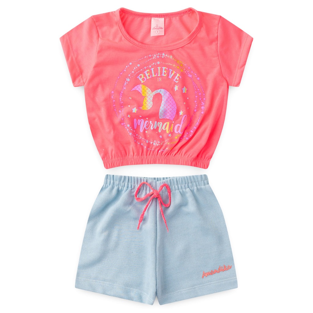 Conjunto Infantil Menina Roupa de Criança Feminina Short e Cropped L55