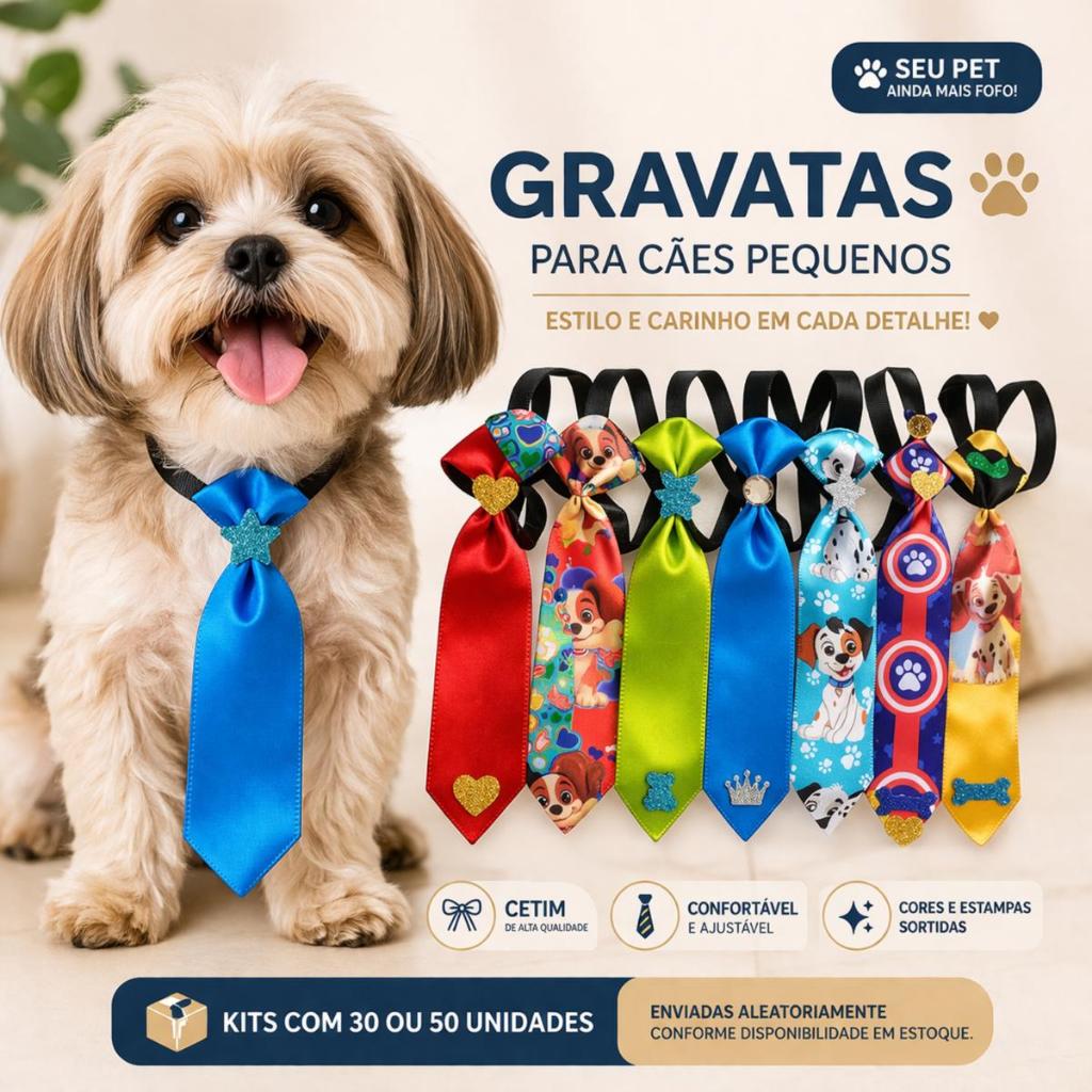KIT 30/50 Gravatas Pet Cachorro Pequeno Cetim Sortidas Envio Aleatório Sem Escolha Pet Shop Banho e Tosa