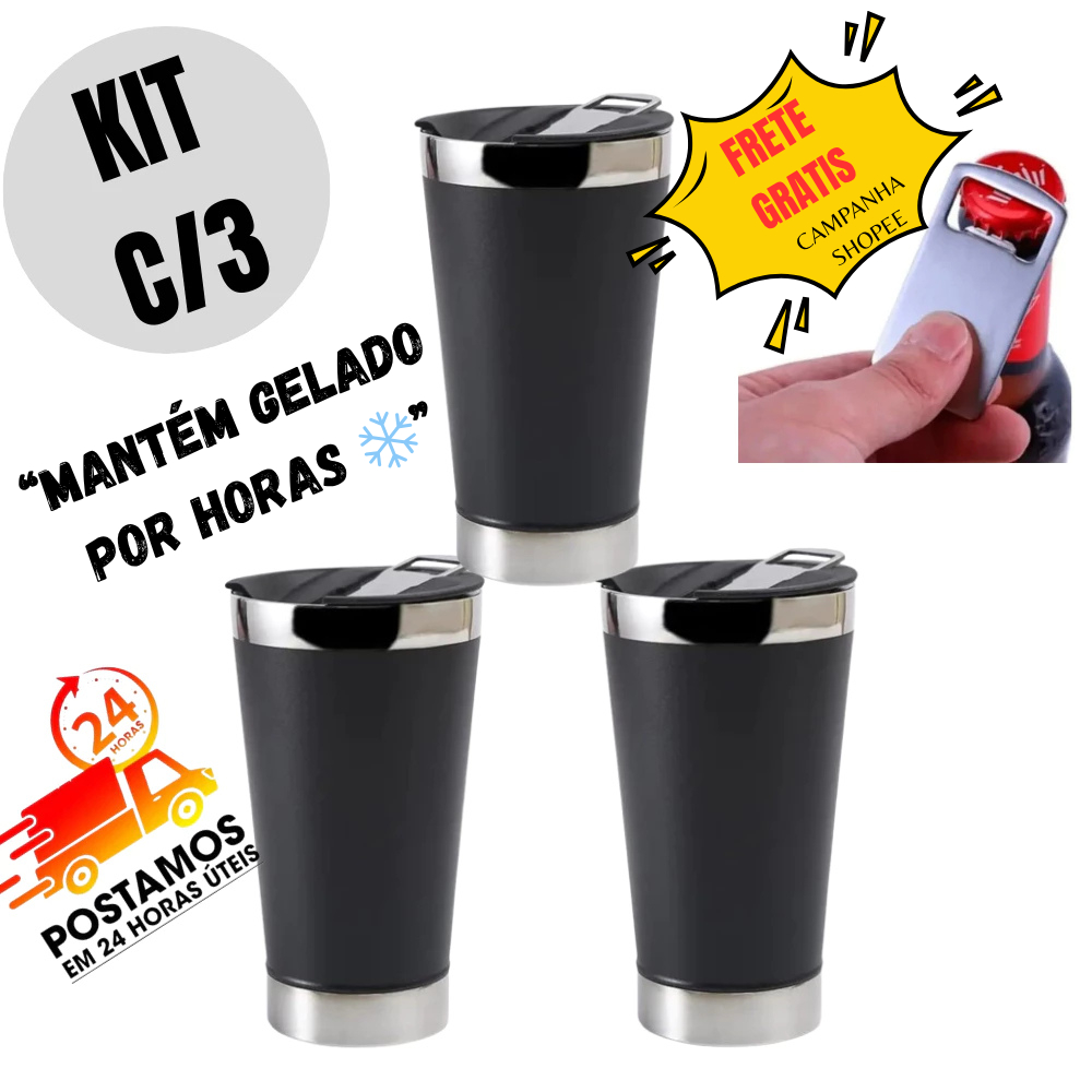 Kit 3 Copos Térmico 500ml Inox Para Cerveja Mantém Gelado 4 horas + Abridor Bar Churrasco ZQL-014