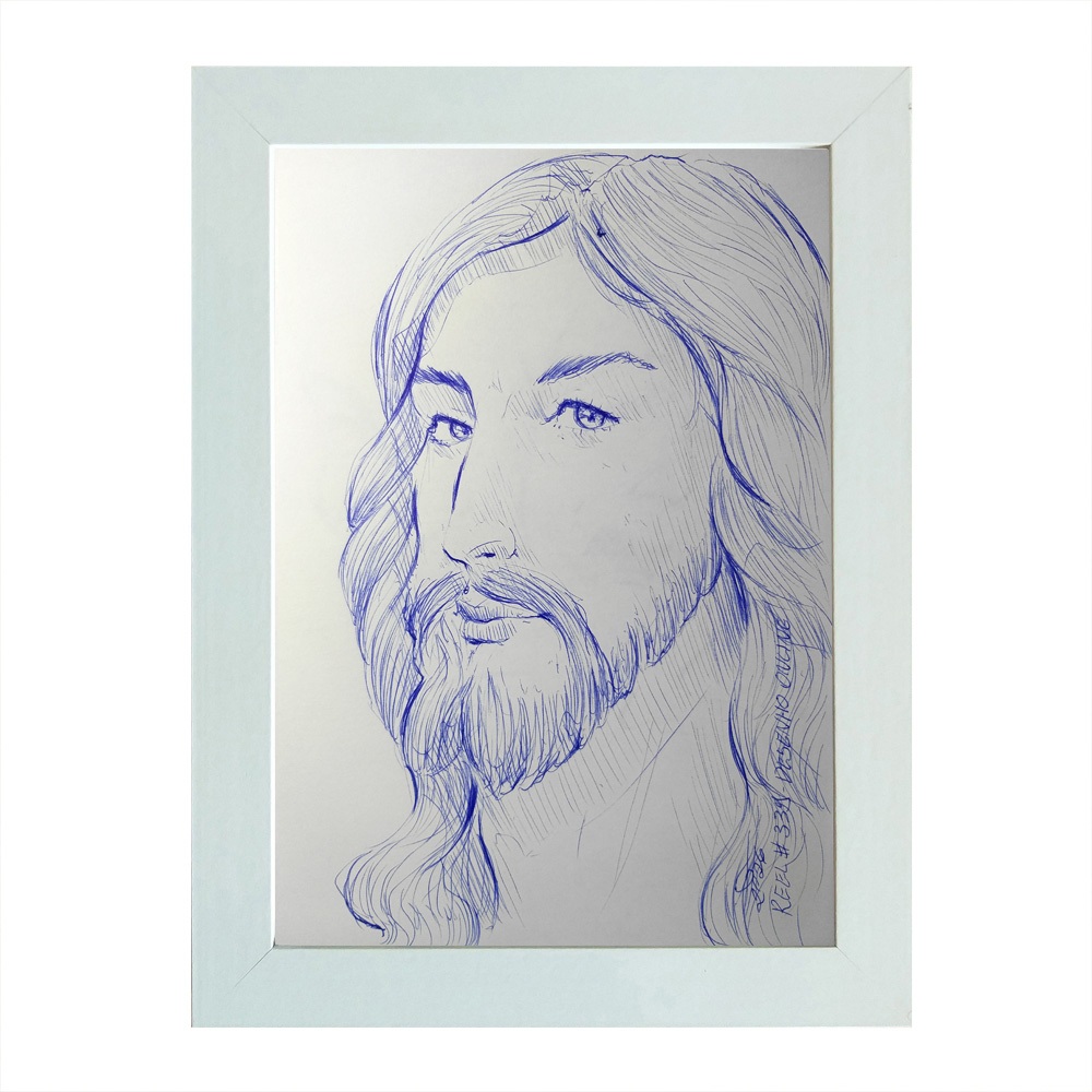 Quadro Desenho Original Caneta Azul Jesus de Nazaré A5 moldurado Assinado Arte Original Reel #339
