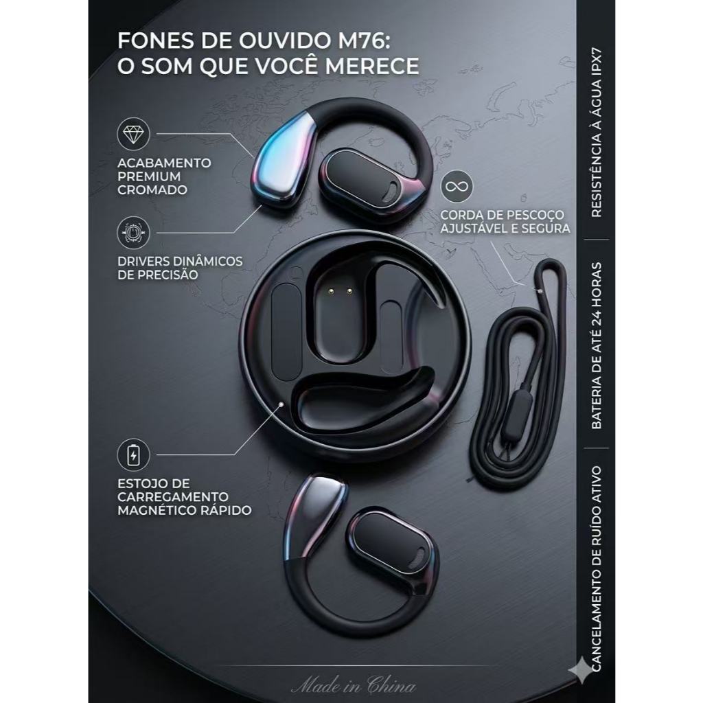 Fone de Ouvido Esportivo M76 sem Fio: Áudio 3D, À Prova D'água e Microfone Integrado. Perfeito para Correr e Treinar!