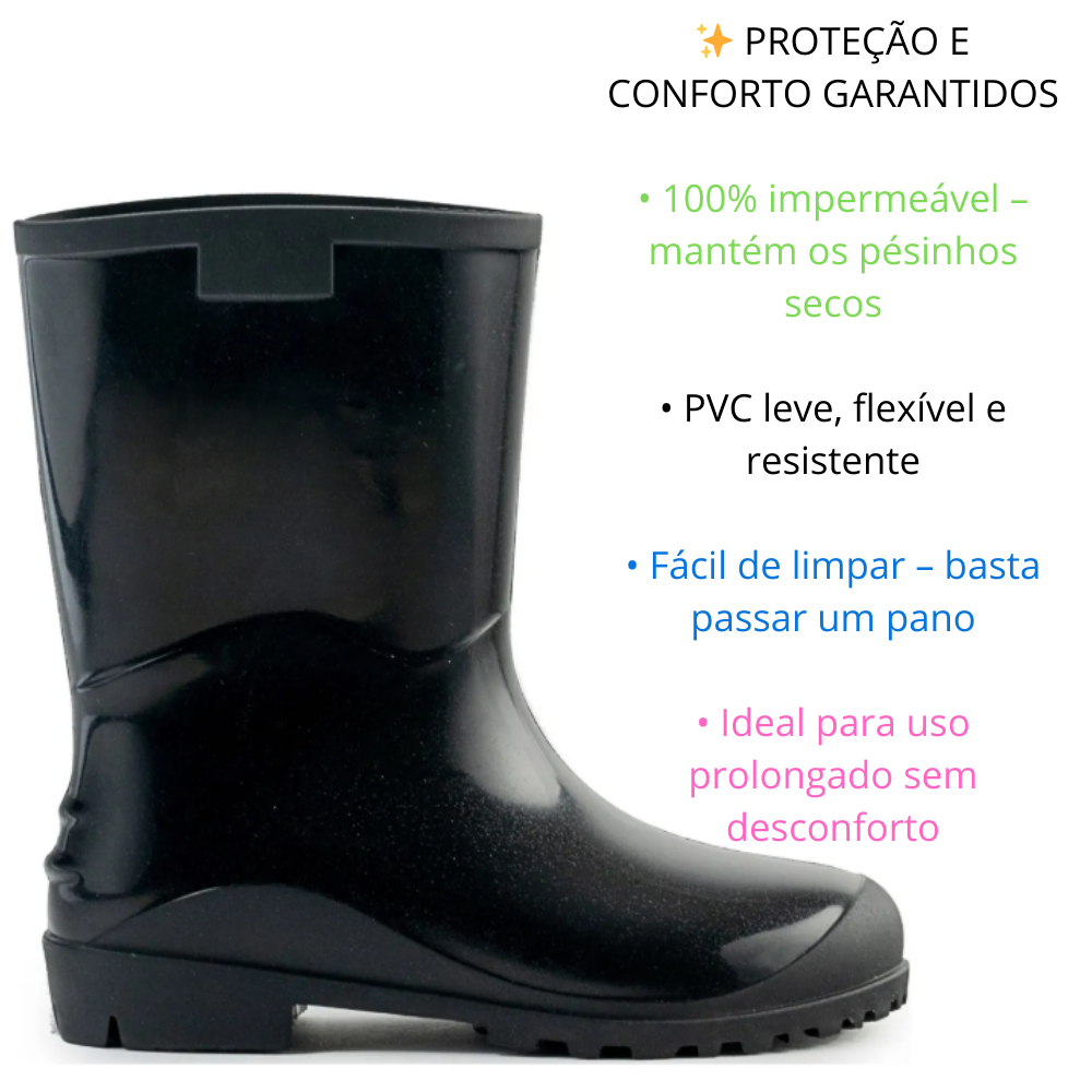 Bota Galocha PVC Infantil Preta Impermeável e Antiderrapente Leve e Confortavél Escola Park Chuva Terra Pesca Passeio