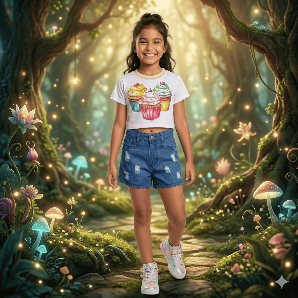Conjunto Shorts Jeans Claro Com Regulagem na Cintura e Cropped Gola Punho Juvenil