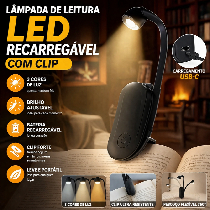 Mini Lâmpada de Leitura LED com Clip Ajustável 360° | Recarregável, 3 Cores, Ideal para Estudo e Viagem