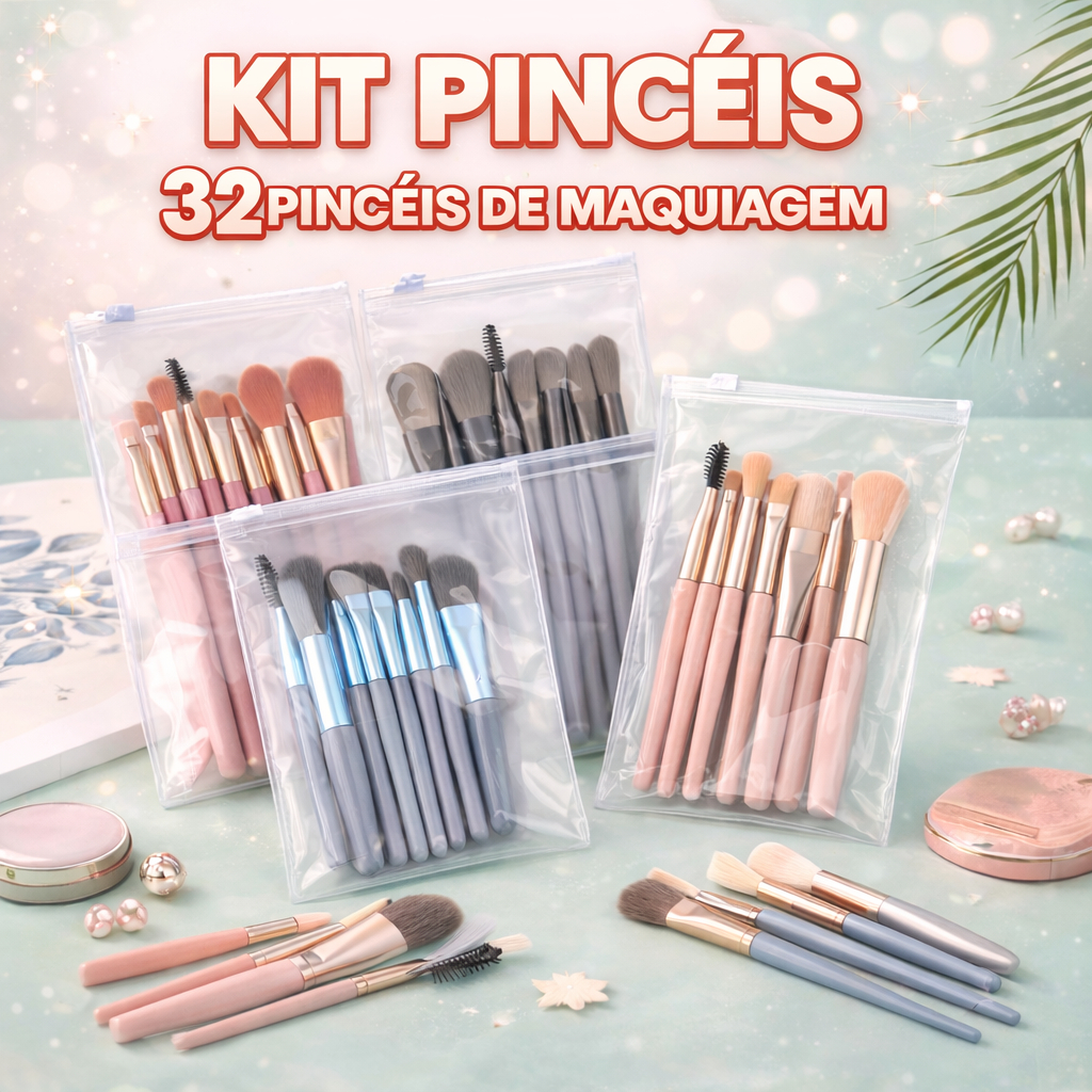 4 Kits de Pincéis de Maquiagem 32 Peças - Mini Pincéis De Maquiagem Com Cabo De Madeira Fosco