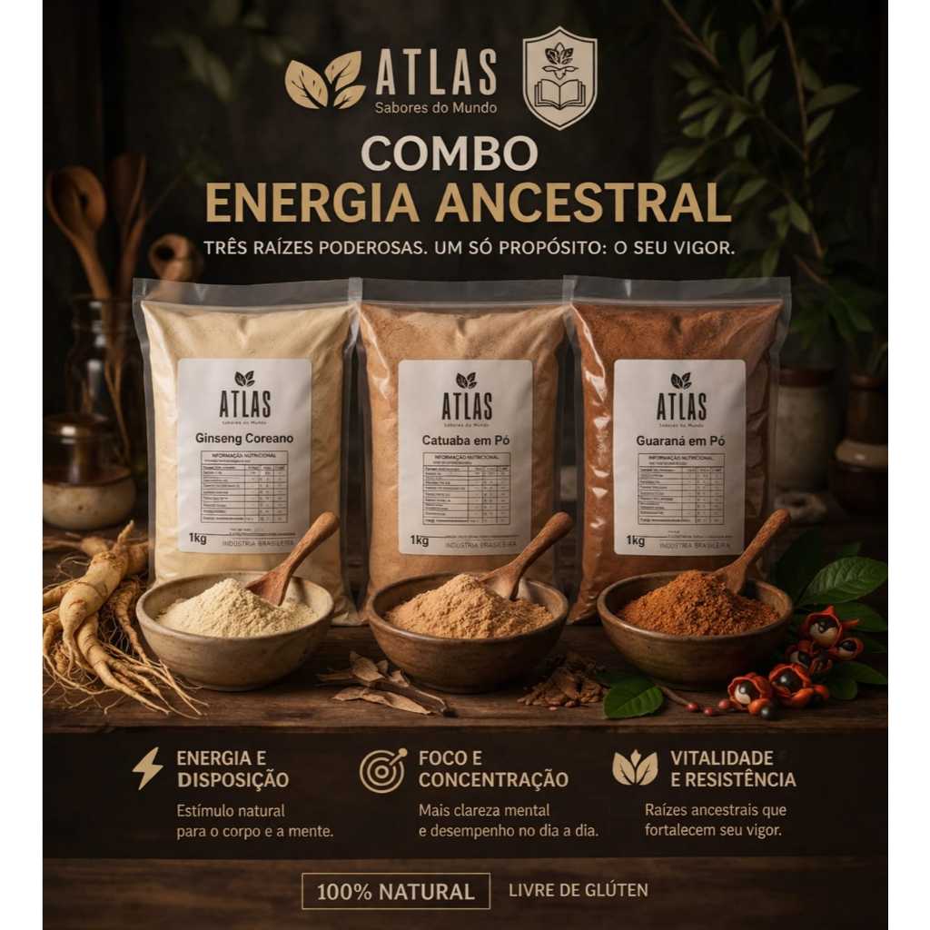 Kit Energia Total - Ginseng Coreano - Catuaba e Guarana em Pó - Atlas Sabores do Mundo