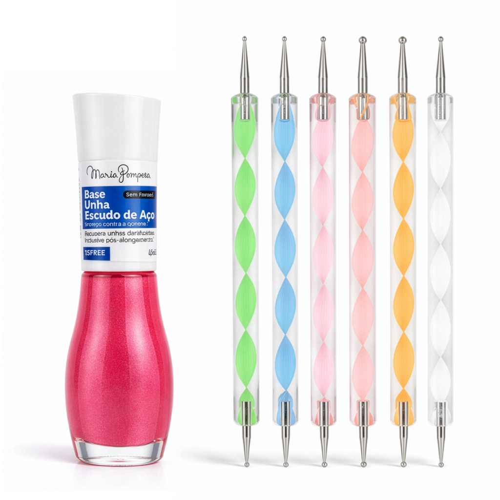 Kit Base Unha Escudo Aço Maria Pomposa Fortalecedor 15Free  Kit 5 Boleador Decoração Unhas