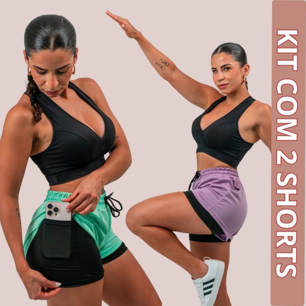 Kit 2  Bermuda Dupla Feminina com Forro de Compressão e Bolso Interno celular Short Treino Corrida Caminhada