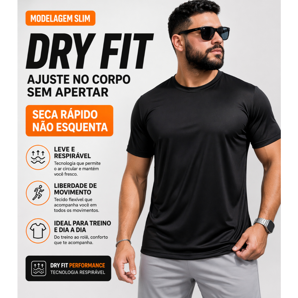 Camiseta Masculina Dry Fit Academia Treino Corrida UV50+ Esportiva Leve Respirável 100% Poliéster