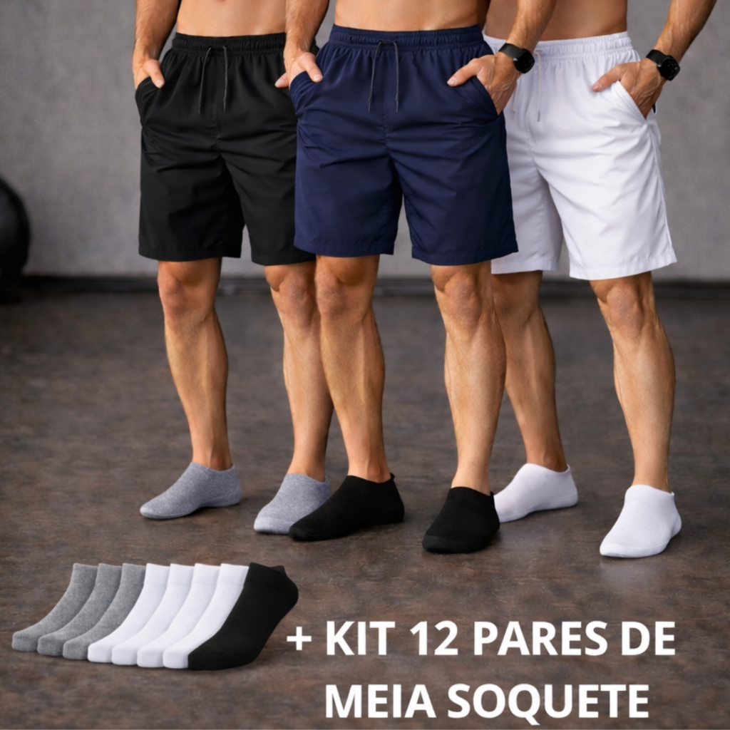 Kit Shorts Tactel Mauricinho + 12 Pares de Meias Masculino Bermuda Casual Praia Academia Com Bolso