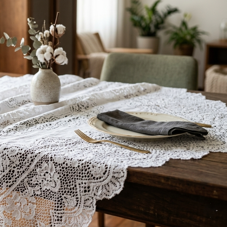 Toalha de Mesa Retangular em Renda Trabalhada Premium - 6 Lugares