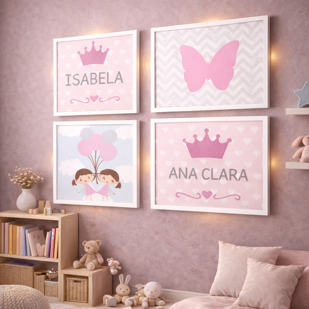Quadros Decorativos de Parede Infantil Quarto Menina Criança Borboleta Irmãs Personalizado Nome
