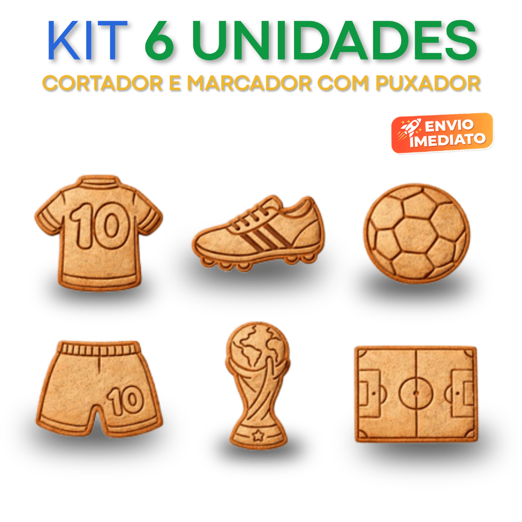 Kit 6 Cortador Marcador c/ Puxador - Biscoito Cookie Copa Do Mundo 2026 Futebol - Bola - Chuteira  e outros