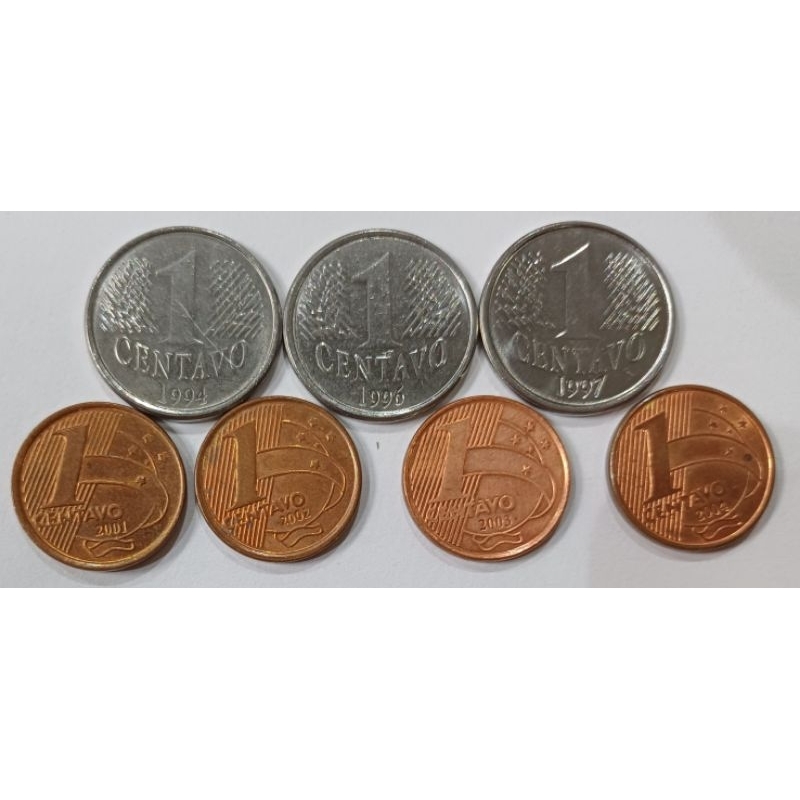 3 moedas de 1 centavo de 94, 96 e 97 da 1a família do real e 4 de 2001, 2002, 2003 e 2004 de 2a família do real mbc