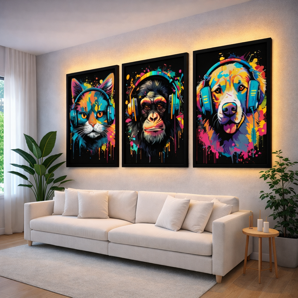 Quadro Decorativo Sala Animais Macaco Cachorro Fone Colorido Quarto Promoção