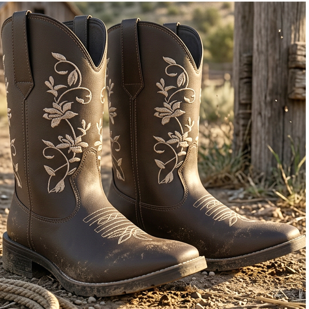 Bota Botina Texana Country Bico Quadrado Flor Bege Feminina Texana