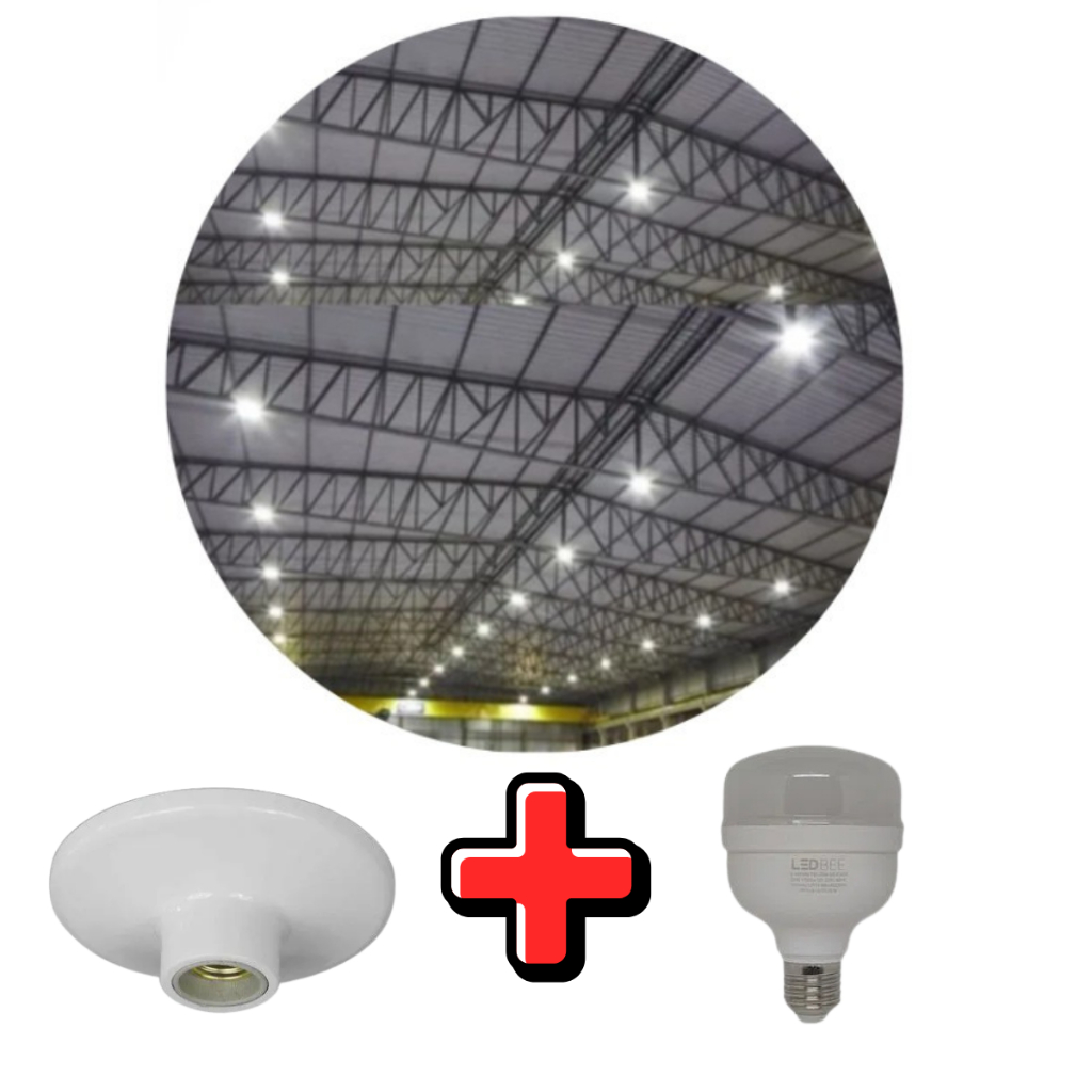 Lâmpada LED 20W 6500K Bivolt Alta Potência + Plafon E27 Branco Kit Ideal Para Galpão Cozinha Garagem