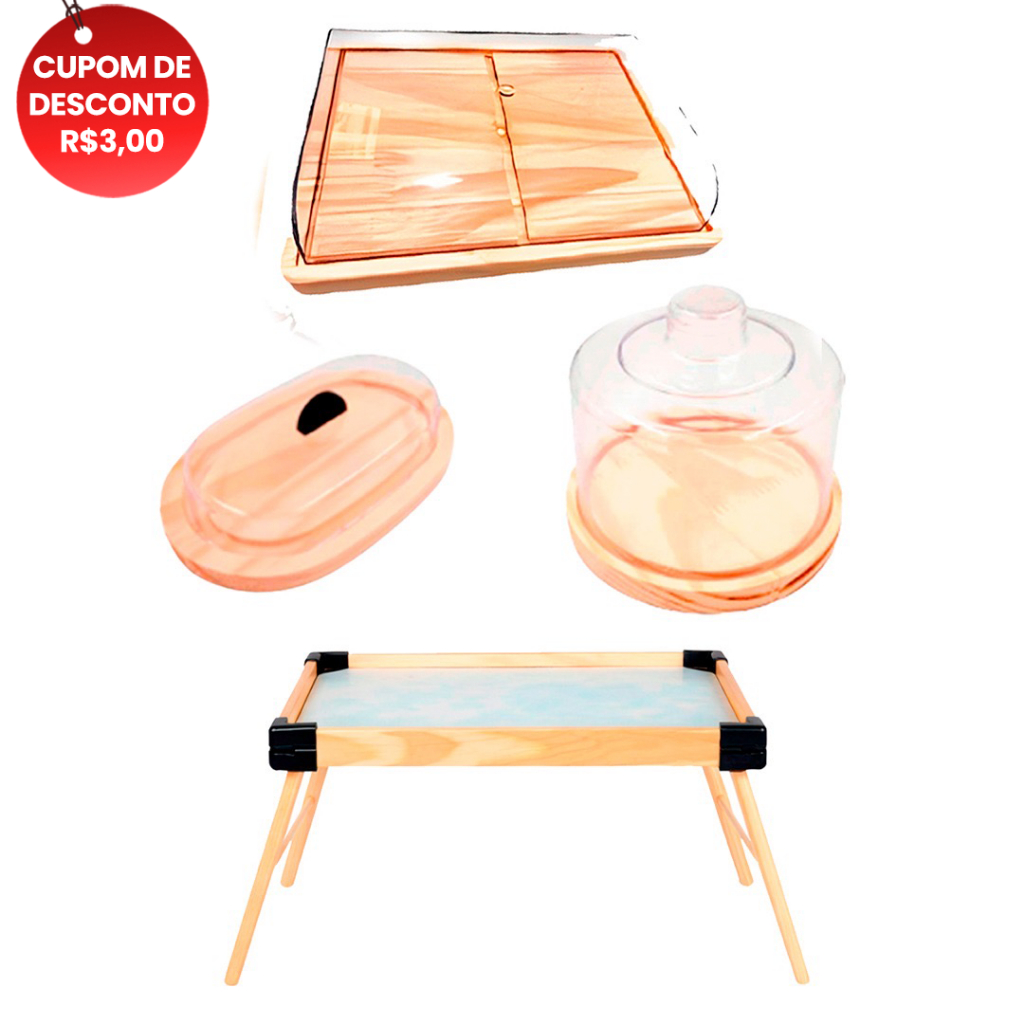 OFERTA 6.6 KIT 4Pçs Café da Manhã, Mesinha, Queijeira, Manteigueira e Porta Frios Médio de Madeira Natural e Tpa Acrí