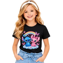 Camiseta Infantil Lilo Stitch Feminina Algodão vermelha crianças tamanho do 2 ao 14