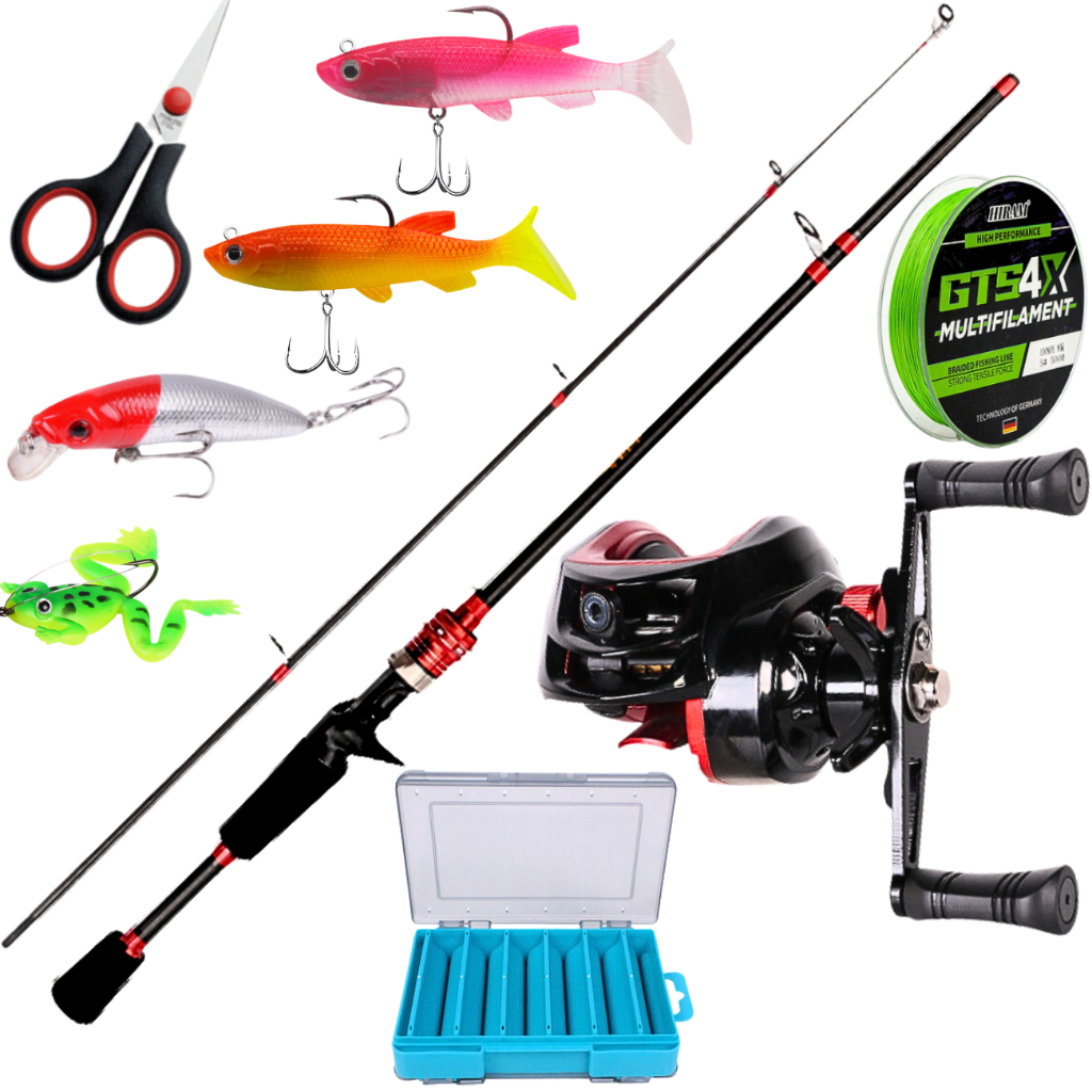 Carretilha de Pesca AntiCAbeleira Drag 10kg Vara de Fibra de Carbono Isca Artificial Kit Rio Mar