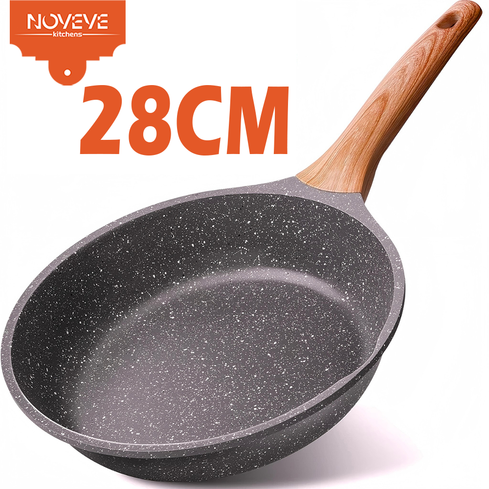 Imagem 28CM Frigideira Antiaderente de Alumínio Revestimento Cerâmico Premium Funda Cabo Madeira Não Gruda