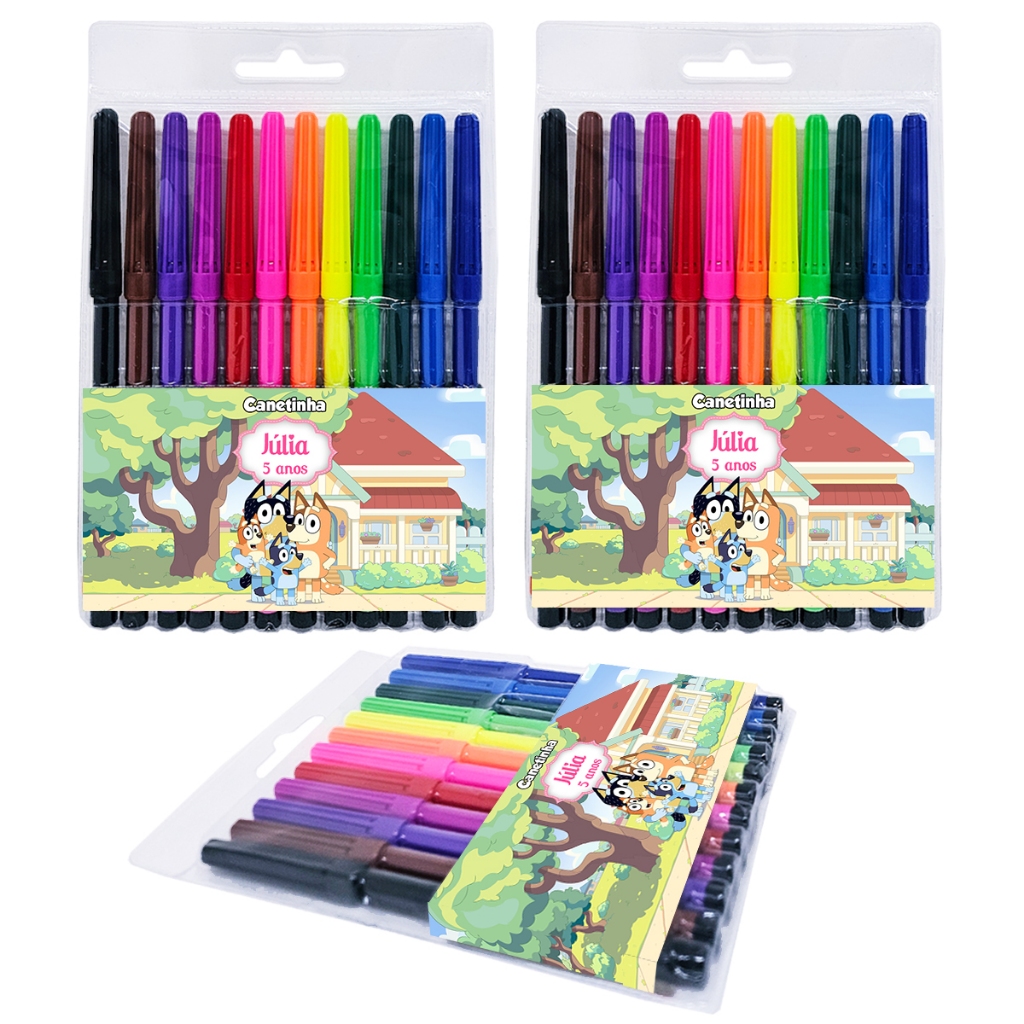 10 Canetinha com 12 Cores Canetinha de Colorir Lembrancinha Aniversário Personalizado Bluey e Bingo