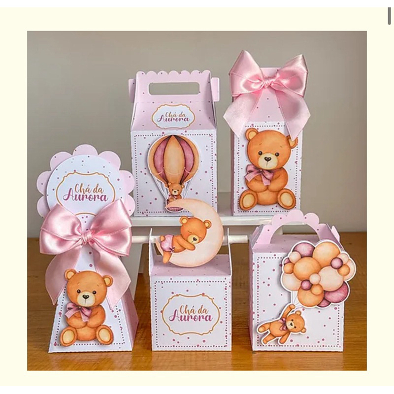 kit personalizado chá de bebê/revelacão rosa (15 caixinhas luxo com laço e tag 3D)