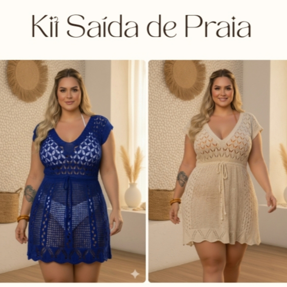 Kit Duas Saída de Praia Plus Size Vestido Curto Crochê Moda Luxo Feminina Verão 2026