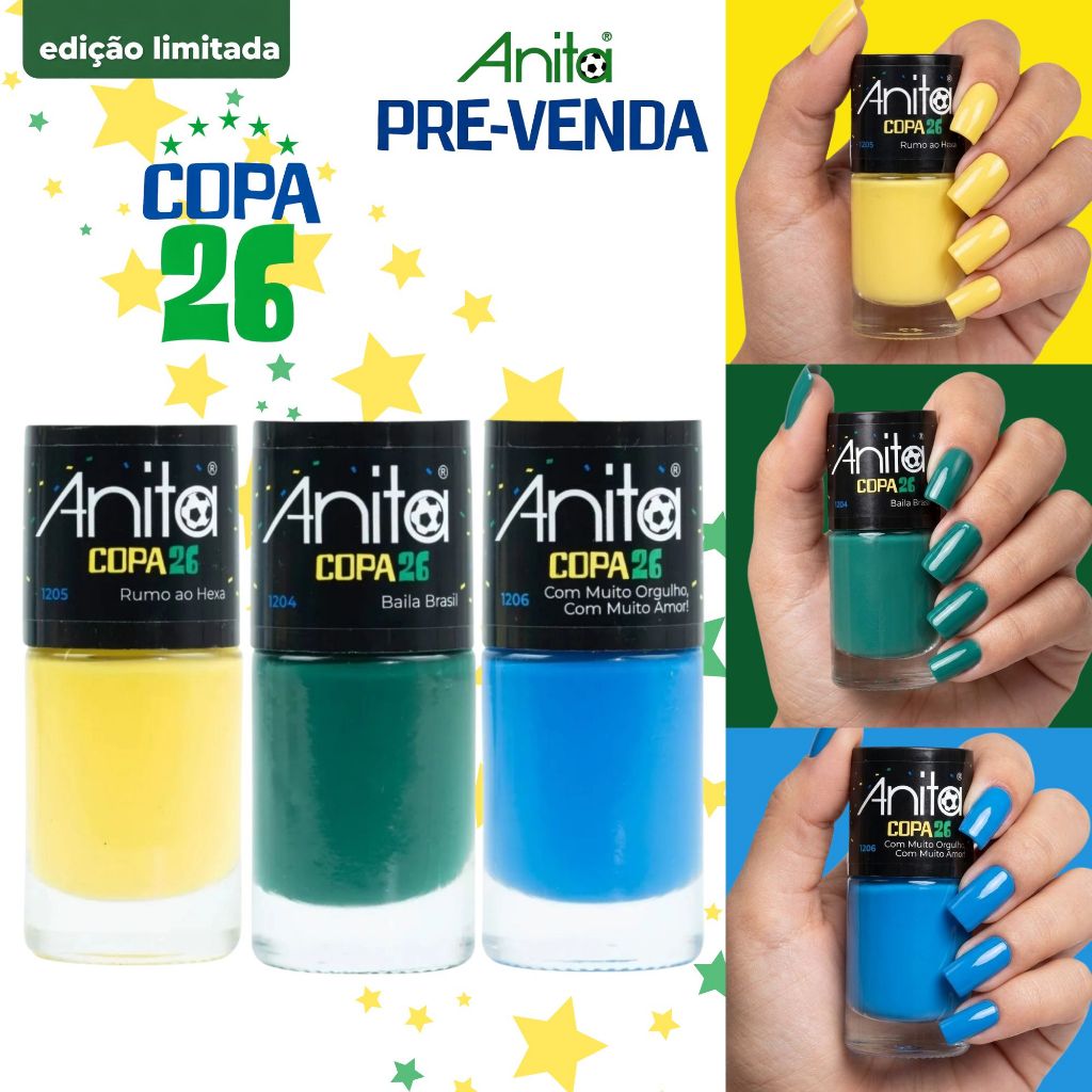 Kit 3 Esmaltes Anita Coleçao Copa 2026 Tons Amarelo Azul Verde Cremoso Esmalte Atacado Copa do Mundo