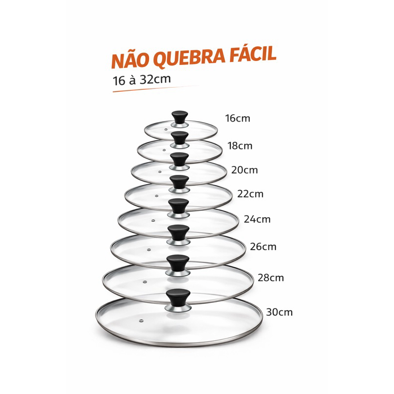Tampa de Vidro Universal 16 a 32cm | Não Quebra Fácil | Serve em Várias Panelas | Puxador Resistente