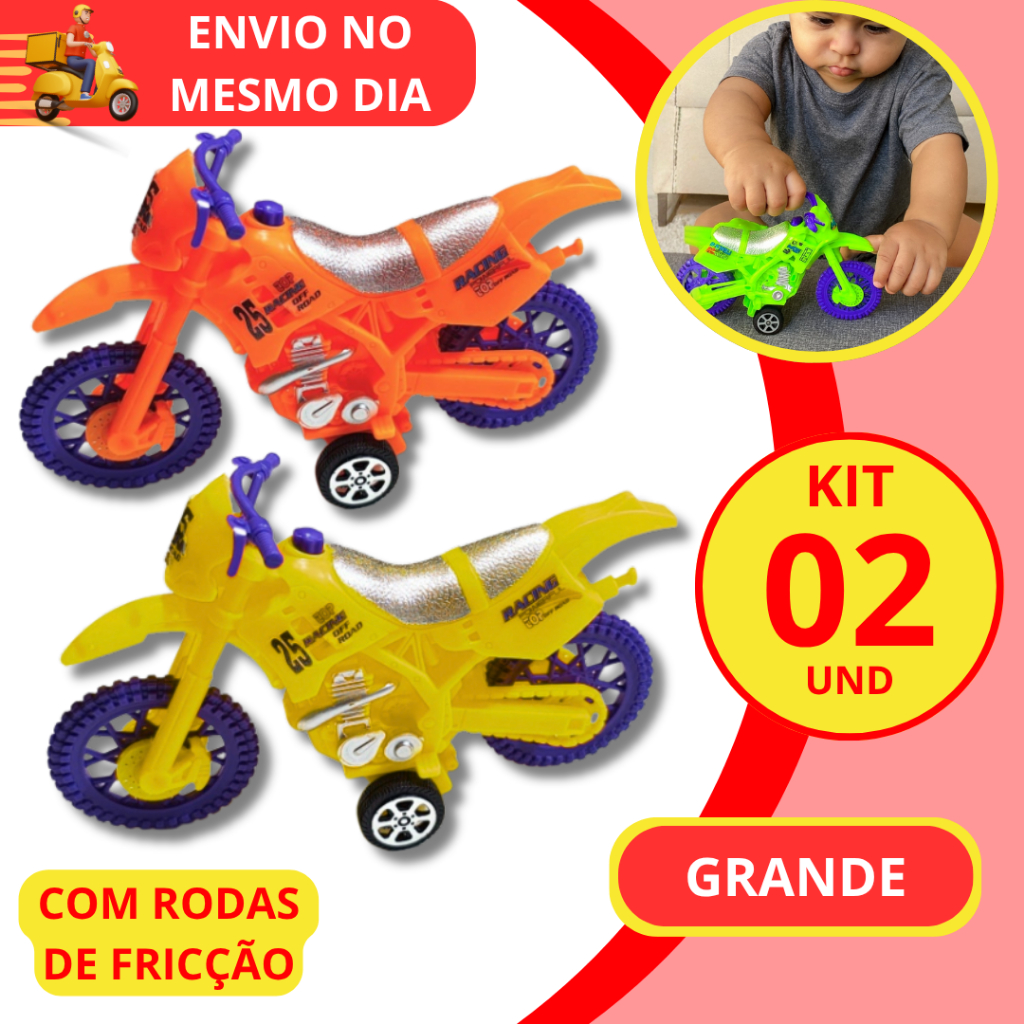 KIT 2 Moto Cross Brinquedo Infantil Fricção Motinha Colorida Roda Livre Criança Diversão Resistente