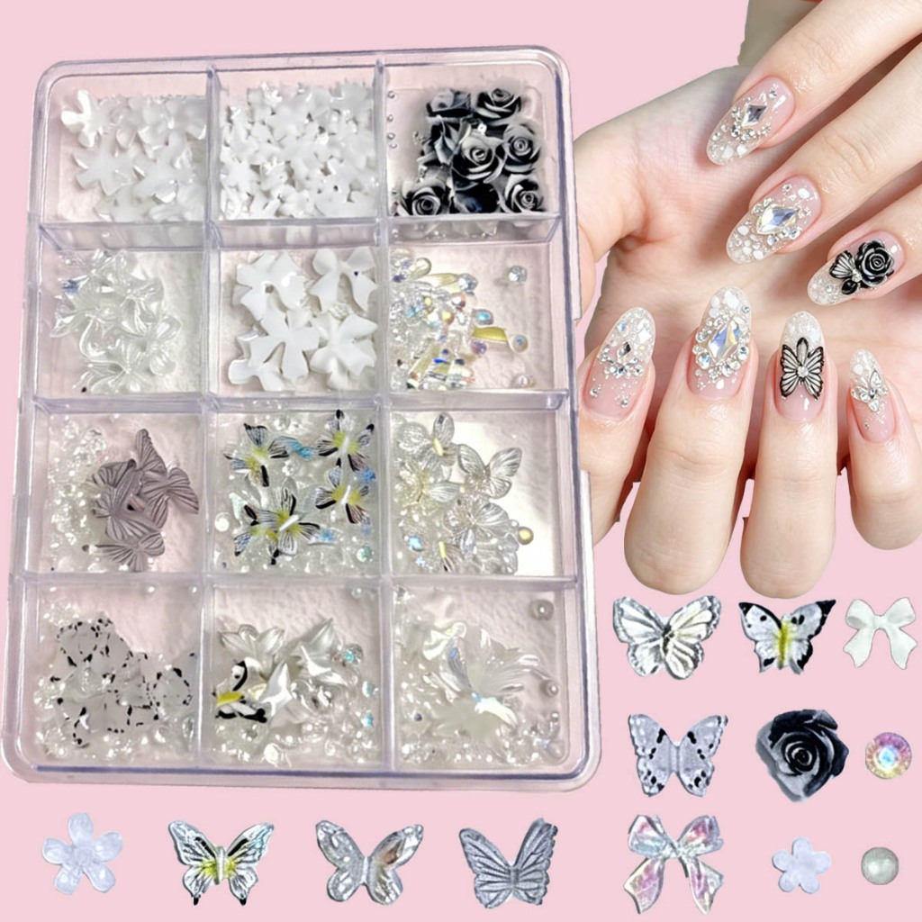 Kit 12 Grades Borboletas Rosas Strass Holográficos 3D , Acessórios Luxuosos para Unhas Postiças