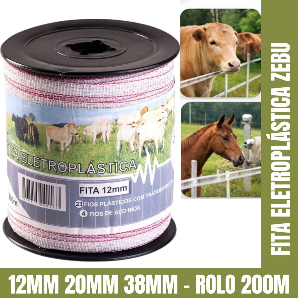 Fita Eletroplástica Cerca Elétrica 12mm 20mm 38mm 200m Zebu Ovino Cavalo Equino Bovino