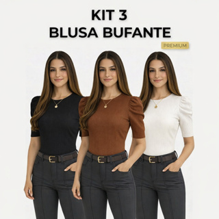 KIT 3 Blusa Feminina Manga Bufante Ribana Premium Gola Redonda Casual Moda Verão em Oferta na Shopee