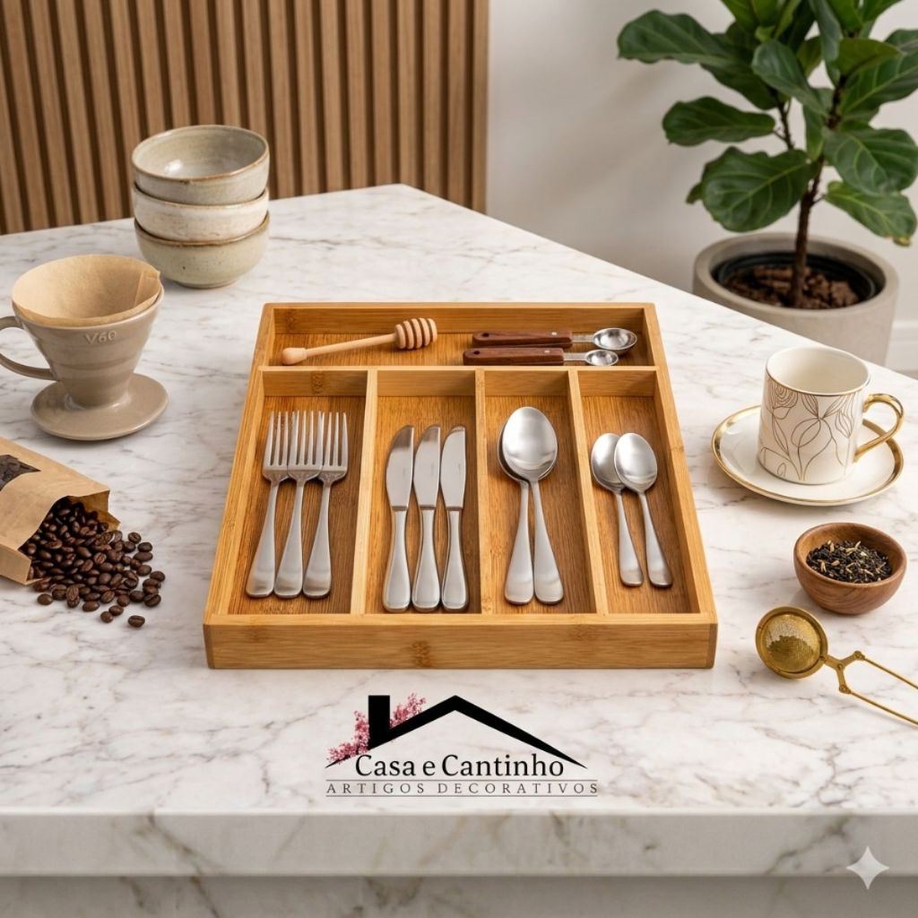 Porta Talheres MDF + Bambu Organizador com Divisórias Para Gaveta