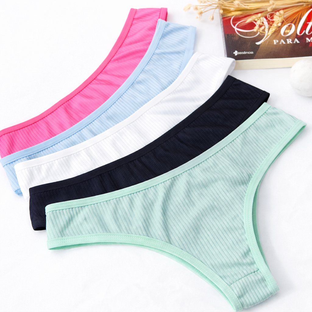Kit 5 Calcinhas Fio Dental Canelada Confortável Dia a Dia Lingerie Feminina