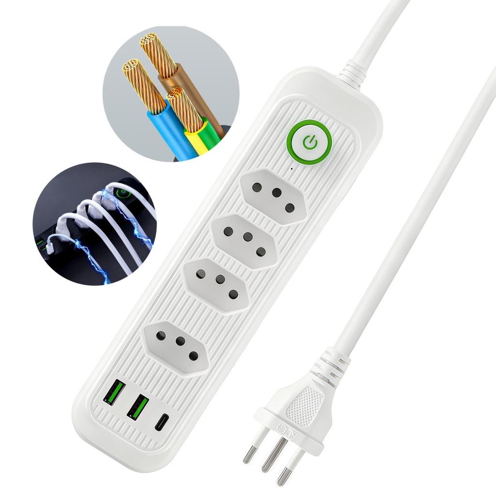 Extensão Régua 5 Tomadas e 4 Portas USB C Carregamento Rápido Filtro de Linha Segurança Premium